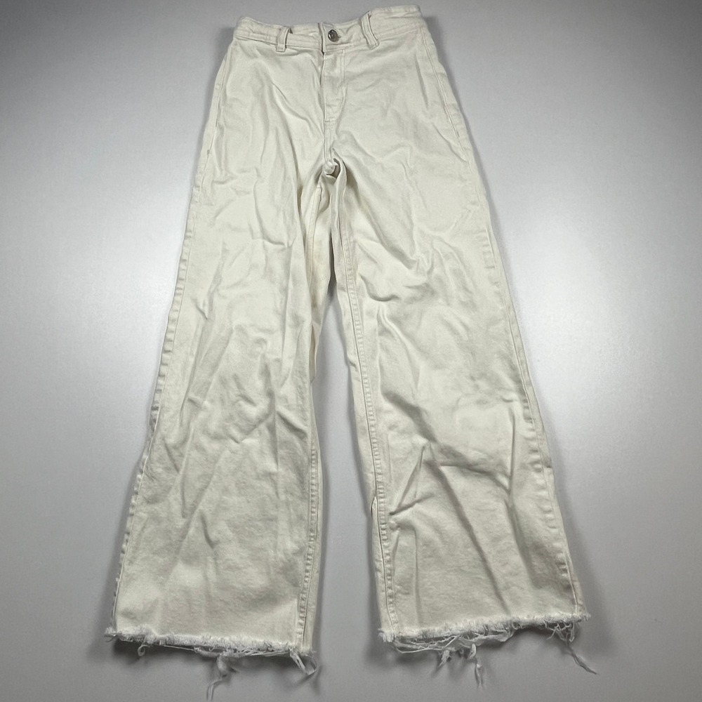 Mango MNG Catherine Wide Leg Jeans Size 2 Off White Raw Hem High Rise Denim Pant